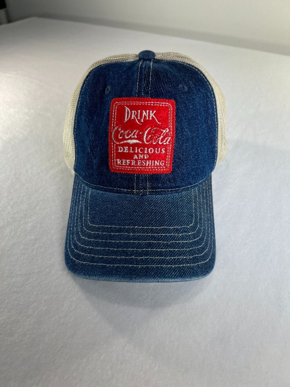 Coca-Cola Logo OS Denim and White Embroidered 1910 Red Patch Baseball Trucker Ca